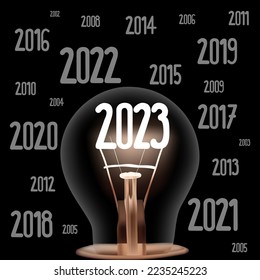 Vector Illustration of single light bulb with fiber in a shape of New Year 2023 and years passed isolated on black background.