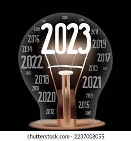 Vector Illustration of single light bulb with fiber in a shape of New Year 2023 and years passed isolated on black background.