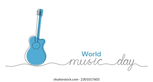 Ilustración vectorial del dibujo de una sola línea de guitarra y letras del Día Mundial de la Música. Concepto del logo del Día de la Música con guitarra.