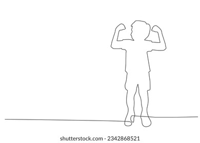 vector illustration in single line style young boy showing arm muscles. vector.