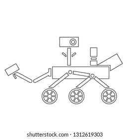 Vector illustration: single linear black and white Mars rover with wheels, camera and antenna isolated on white background. Icon for learning astronomy, astrophysics science and cosmic discovery
