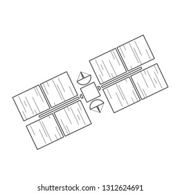 Vector illustration: single linear black and white satellite flyind in sky with stars isolated on white background. Icon for  learning astronomy, astrophysics science and cosmic discovery,
