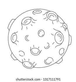 Vector illustration: single linear black and white moon satellite with crater surface in cosmos isolated on white background. Icon for learning astronomy, astrophysics science and cosmic discovery,
