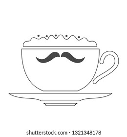 Vector illustration: single linear black and white cup of coffee icon with mustache and creamy foam isolated on white background. Icon design for cafes, restourants, cafeteria, posters, banners, cards