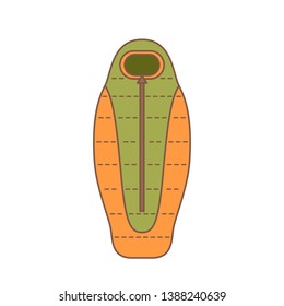 Vector illustration: single linear style green and orange nylon sleeping bag isolated on white background. Icon design for hikers, travelers clubs, expeditions, trekking banners, cards
