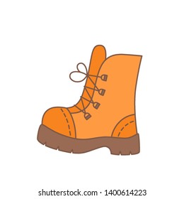 Vector illustration: single linear style  orange hiker boot isolated on white background. Icon design for hikers, travelers, advantures and walking clubs, expeditions, trekking banners, cards
