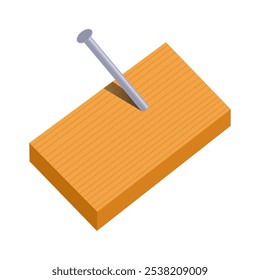 Vector illustration of a single nail stuck in a wooden board, with a shadow behind the nail. Isolated on a white background