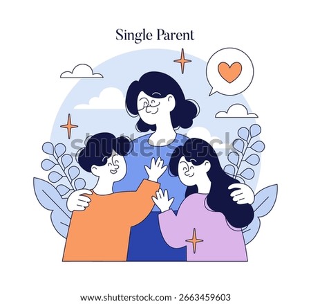 Vector illustration of a single parent embracing two children, symbolizing love and unity. The happy family is surrounded by nature, highlighting warmth and connection.