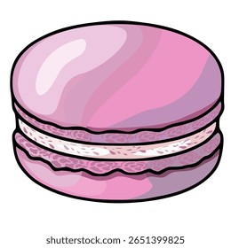 Vector illustration of a single pink macaron with a detailed, textured design, showcasing a unique blend of soft and bold colors, ideal for bakery branding or dessert-themed projects.