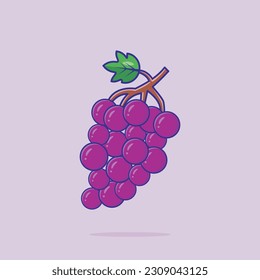 Vector illustration of single purple grape fruit with stem and isolated leaf, designed in flat cartoon style. Food nature icon Concept.