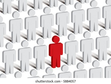 Vector illustration of single red character standing out in crowd