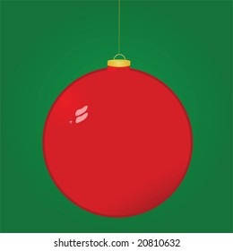 Vector illustration of a single red Christmas ball over a green background