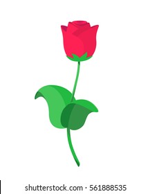 Vector Illustration Of Single Red Rose In Flat Style With Curved Stem Isolated On White Background