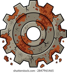 Vector illustration of a single rusty broken gear with cracked edges and crumbling rust texture