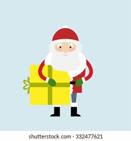 Vector illustration of the single Santa Clause standing still and holding a big yellow gift box with green ribbon.