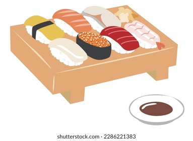 Vector illustration of a single serving of nigiri sushi on sushi clogs