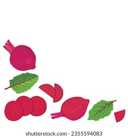 Vector illustration single and set of beetroot in cartoon flat style. Whole, cut, sliced of organic healty beet vegetable farmer product. Set of beet in different forms isolated on white background.