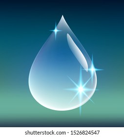 Vector illustration single shining clear drop of pure water 3d shiny liquid