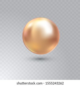 Vector illustration of single shiny natural yellow sea oyster pearl with light effects isolated on transparent background. Beautiful 3D shining realistic pearl for luxury accessories.