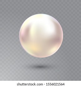 Vector illustration of single shiny natural white sea oyster pearl with light effects isolated on transparent background. Beautiful 3D shining realistic pearl for luxury accessories.