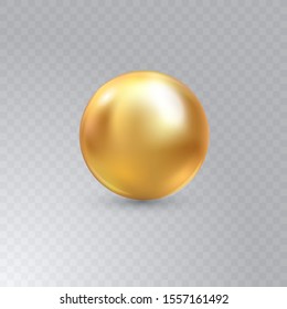 Vector illustration of single shiny natural golden sea oyster pearl with light effects isolated on transparent background. Beautiful 3D shining realistic pearl for luxury accessories.
