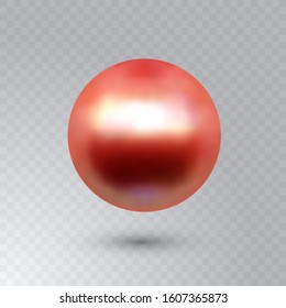 Vector illustration of single shiny natural red sea oyster pearl with light effects isolated on transparent background. Beautiful 3D shining realistic pearl for luxury accessories.
