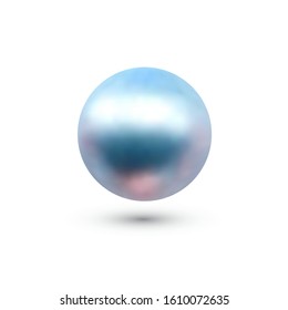 Vector illustration of single shiny natural blue sea oyster pearl with light effects isolated on white background. Beautiful 3D shining realistic pearl for luxury accessories.