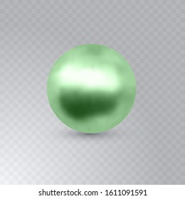 Vector illustration of single shiny natural green sea oyster pearl with light effects isolated on transparent background. Beautiful 3D shining realistic pearl for luxury accessories.