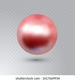 Ilustración vectorial de una sola perla de ostión de mar rojo brillante con efectos luminosos aislados sobre fondo transparente. Preciosa perla 3D brillante realista para accesorios de lujo.