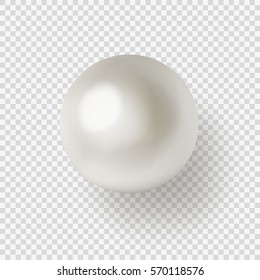 Vector illustration of single shiny natural white sea pearl with light effects isolated on transparent background.