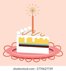 A vector illustration of a single slice of layered cake topped with white frosting and a lit sparkler candle, served on a decorative pink plate.