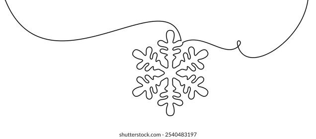 Ilustração vetorial de um único contorno de floco de neve pendurado em uma linha curva fluente, capturando elegância mínima de inverno.