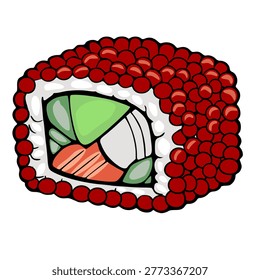 Vector illustration of a single sushi roll with red roe tobiko, rice, salmon, and avocado