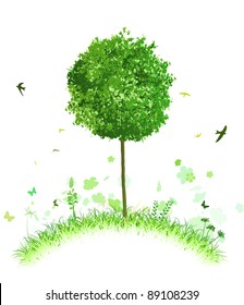 Vector illustration of single tree on a stylised hill with grass and birds