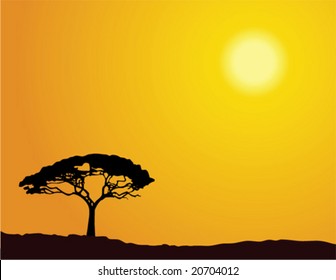 Vector illustration of a single tree silhouette under an African sun.
