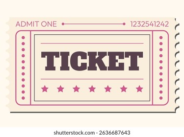 Vector illustration of a single vintage-style 'Admit One' event ticket. Features classic design elements like perforated edges, stars, and bold typography. Beige, maroon, and pink color scheme.