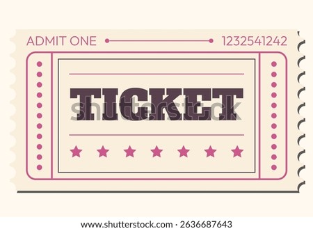 Vector illustration of a single vintage-style 'Admit One' event ticket. Features classic design elements like perforated edges, stars, and bold typography. Beige, maroon, and pink color scheme.