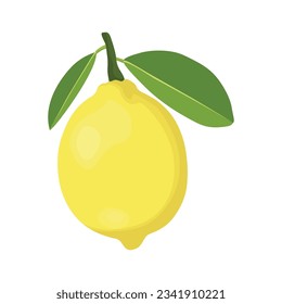 Ilustración vectorial de limón amarillo soltero en estilo de caricatura. Frutos de limón con hojas colgando en rama.  Partes enteras de la imagen naranja limón. Imagen cítrica de elementos para logotipo, icono, clipart, etc.