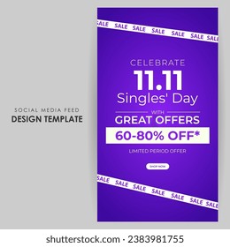 Vector illustration of Singles' Day Sale social media feed template