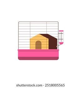 Ilustração vetorial de uma gaiola de hamster de um andar em rosa sobre um fundo isolado. Gaiola para um animal doméstico com uma casa e uma lata de água suspensa. Estilo de desenho animado plano.