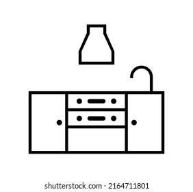 Ilustración vectorial del fregadero con armarios que muestran accesorios de cocina para cocinar, icono de línea sobre fondo blanco.