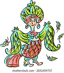 Vector illustration with sirin bird, cartoon doodle illustration