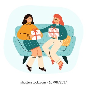 Ilustración vectorial de hermanas o novias intercambiando regalos de vacaciones. Escena feliz al estilo de las caricaturas modernas. Los elementos están aislados.