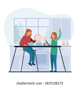 Vector illustration of sisters spilling cereals into bowl before adding milk while having breakfast in cozy kitchen at home together