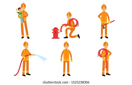 Vector Illustration Sit With Cartoon Characters Of Firefighters In Action Poses