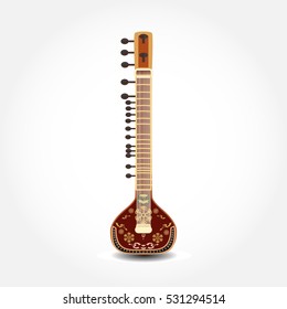 Vector illustration of sitar isolated on white background. String plucked musical instrument.