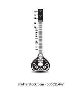 Vector illustration of sitar isolated on white background. Black and white indian string plucked musical instrument.