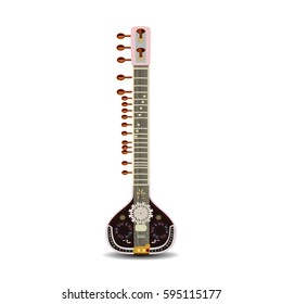 Vector illustration of sitar isolated on white background. Indian string plucked musical instrument.