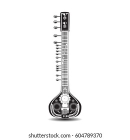 Vector illustration of sitar isolated on white background. Black and white indian string plucked musical instrument.