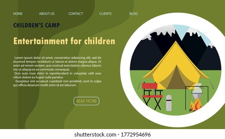 Vector illustration of the site for children s camping, health camps and tourism. Flat illustration of the main page of the mobile app with a tree house, tent, campfire and camping equipment against